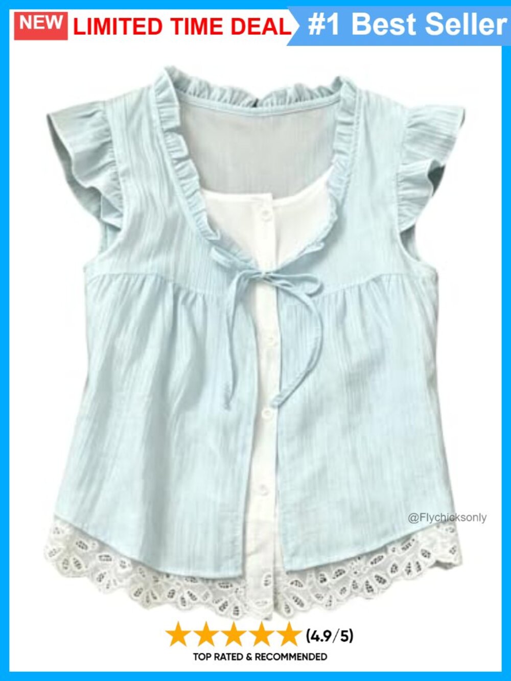 2 in 1 Eyelet Blouse Ruffle Cap Sleeve Button Down Top